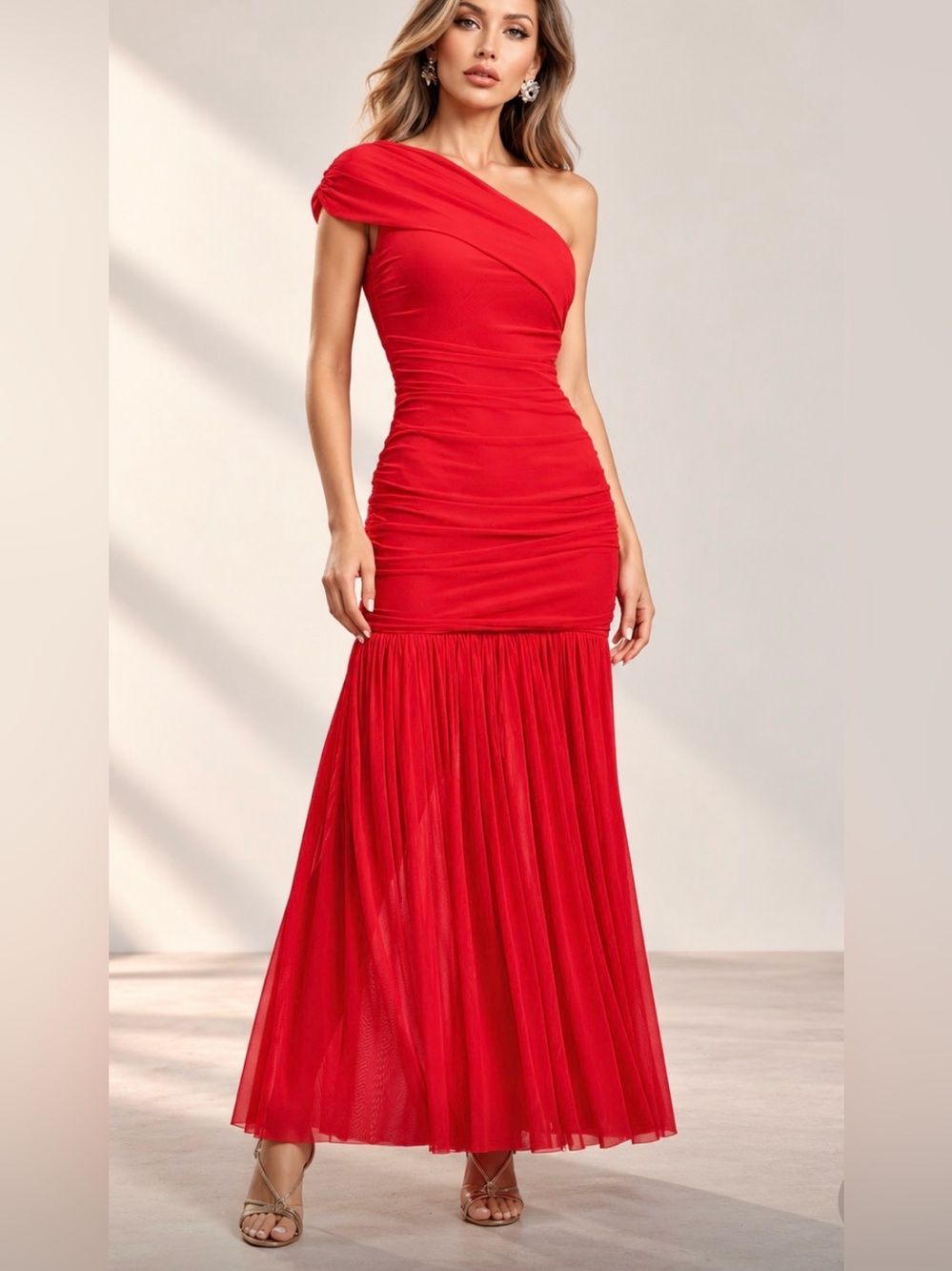 Red One-Shoulder Ruched Evening Dress